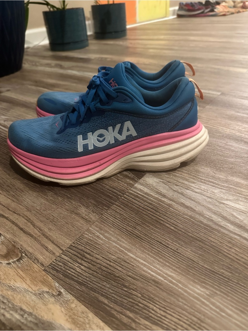 Hoka Women's Blue Running Shoes with Pink Midsole